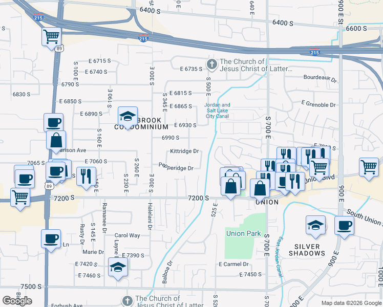 map of restaurants, bars, coffee shops, grocery stores, and more near 7062 Pepperidge Circle in Midvale