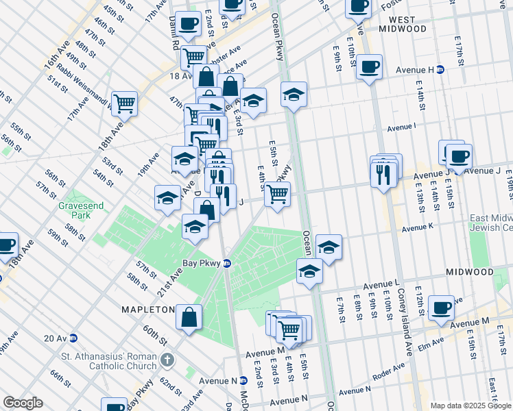 map of restaurants, bars, coffee shops, grocery stores, and more near 1144 East 3rd Street in Brooklyn