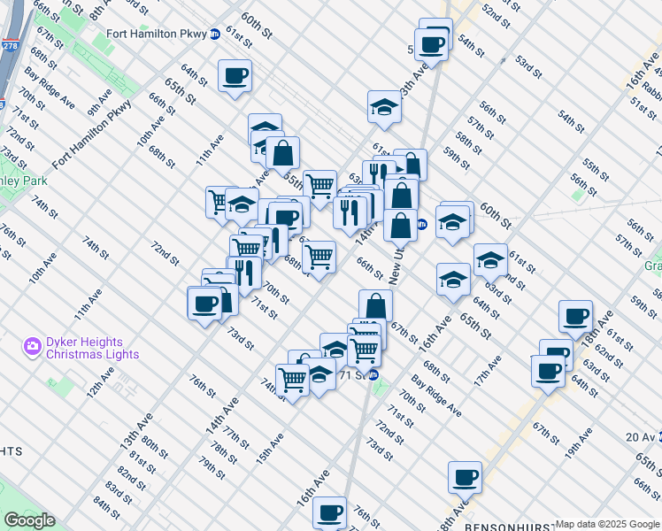 map of restaurants, bars, coffee shops, grocery stores, and more near 6725a 14th Avenue in Brooklyn