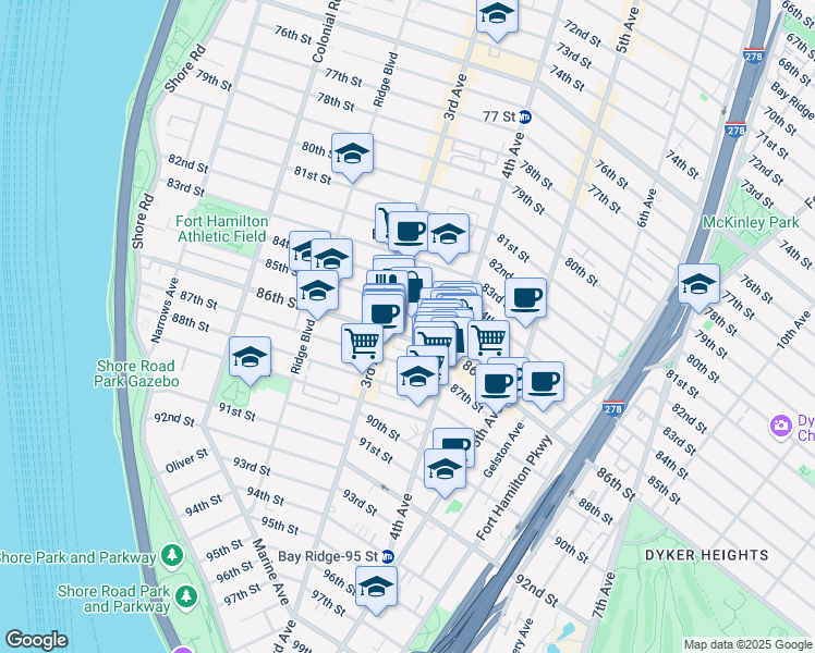 map of restaurants, bars, coffee shops, grocery stores, and more near 151 86th Street in Brooklyn