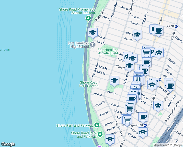 map of restaurants, bars, coffee shops, grocery stores, and more near 8901 Narrows Avenue in Brooklyn