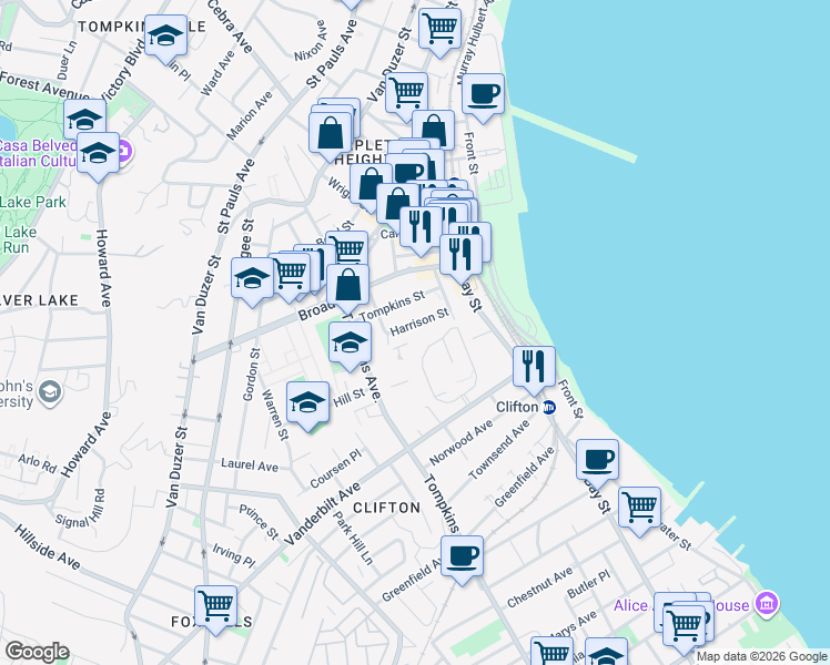 map of restaurants, bars, coffee shops, grocery stores, and more near 75 Vanderbilt Avenue in Staten Island