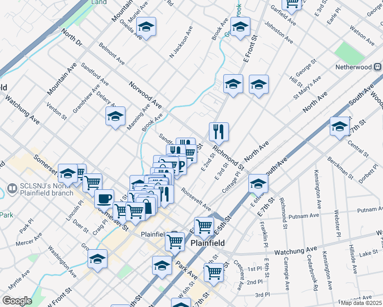 map of restaurants, bars, coffee shops, grocery stores, and more near 335 East Front Street in Plainfield