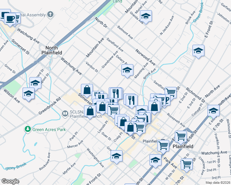 map of restaurants, bars, coffee shops, grocery stores, and more near 61 Manning Avenue in North Plainfield