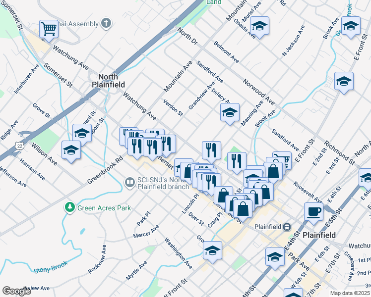 map of restaurants, bars, coffee shops, grocery stores, and more near 37 Jackson Avenue in North Plainfield