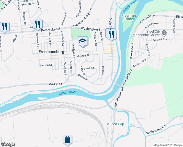 map of restaurants, bars, coffee shops, grocery stores, and more near 305 South Oak Street in Freemansburg