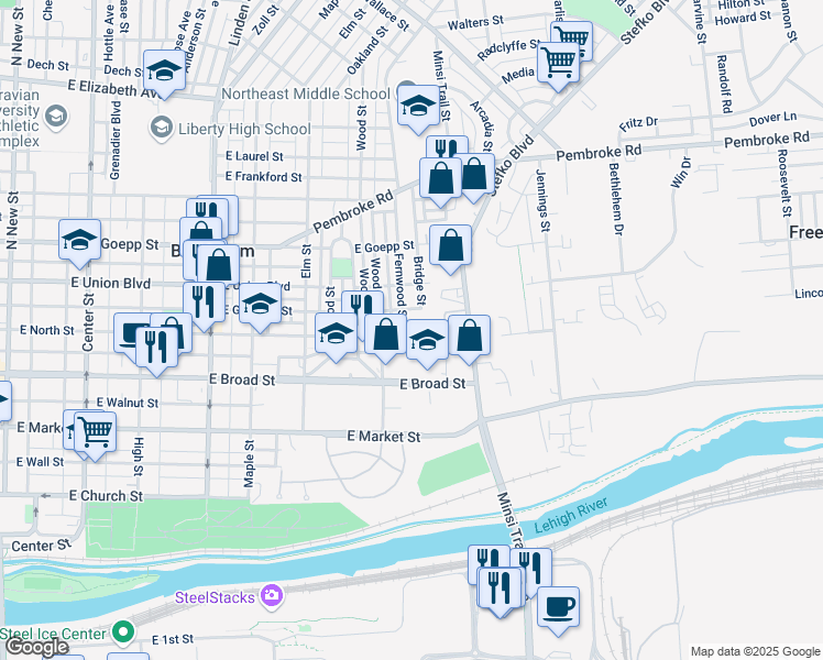 map of restaurants, bars, coffee shops, grocery stores, and more near 649 East North Street in Bethlehem
