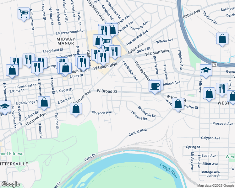 map of restaurants, bars, coffee shops, grocery stores, and more near 2106 Glendale Avenue in Bethlehem