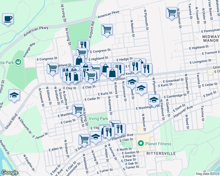 map of restaurants, bars, coffee shops, grocery stores, and more near 858 North Kearney Street in Allentown