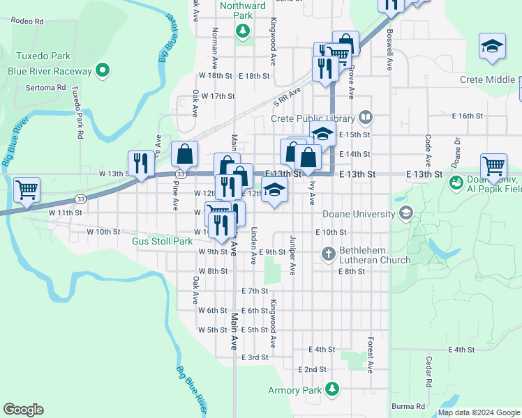 map of restaurants, bars, coffee shops, grocery stores, and more near 1035 Linden Avenue in Crete