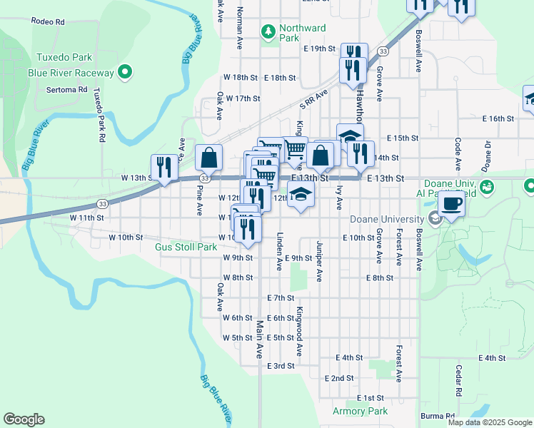 map of restaurants, bars, coffee shops, grocery stores, and more near 1041 Main Avenue in Crete