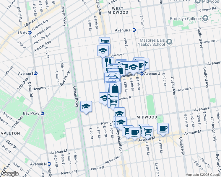 map of restaurants, bars, coffee shops, grocery stores, and more near 1420 Coney Island Avenue in Brooklyn