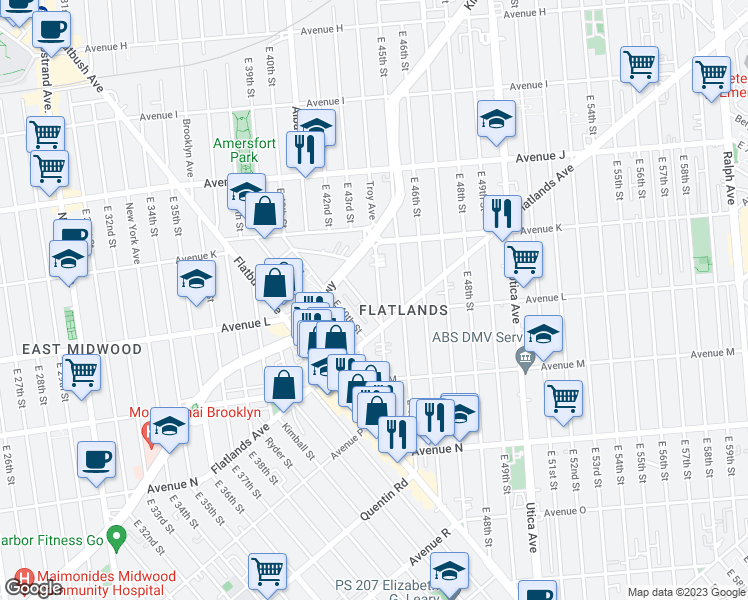 map of restaurants, bars, coffee shops, grocery stores, and more near 1990 Troy Avenue in Brooklyn
