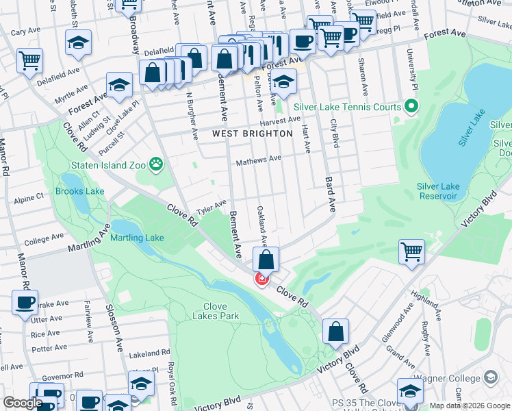 map of restaurants, bars, coffee shops, grocery stores, and more near 736 Oakland Avenue in Staten Island