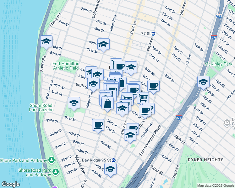 map of restaurants, bars, coffee shops, grocery stores, and more near 321 86th Street in Brooklyn
