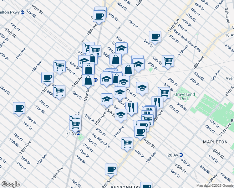 map of restaurants, bars, coffee shops, grocery stores, and more near 1603 63rd Street in Brooklyn