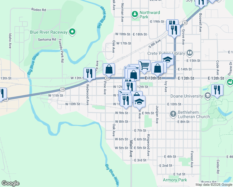 map of restaurants, bars, coffee shops, grocery stores, and more near 1025 Norman Avenue in Crete