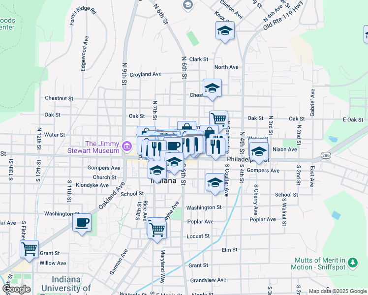 map of restaurants, bars, coffee shops, grocery stores, and more near 577 Philadelphia Street in Indiana