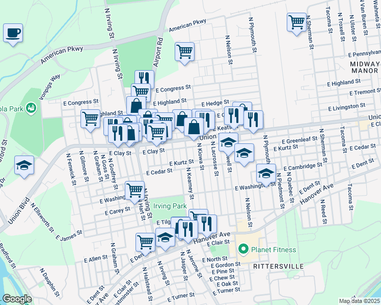 map of restaurants, bars, coffee shops, grocery stores, and more near 858 North Kearney Street in Allentown