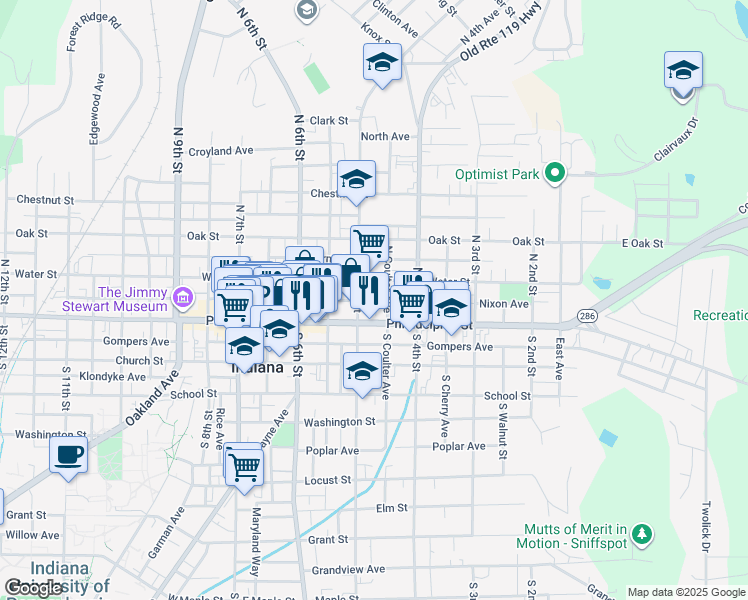 map of restaurants, bars, coffee shops, grocery stores, and more near 465 Nixon Avenue in Indiana