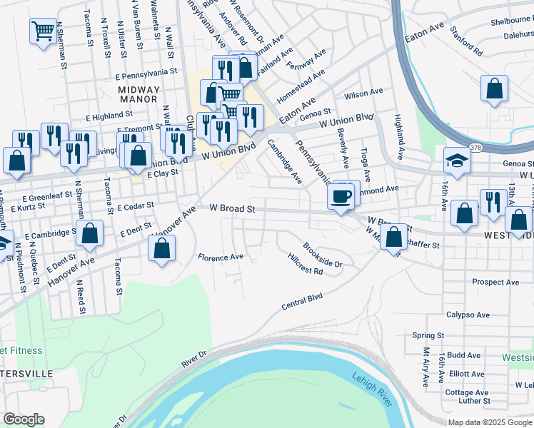 map of restaurants, bars, coffee shops, grocery stores, and more near 2069 West Broad Street in Bethlehem