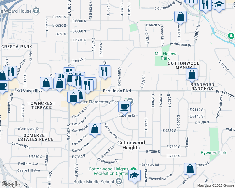 map of restaurants, bars, coffee shops, grocery stores, and more near 2579 Cinnabar Lane in Cottonwood Heights