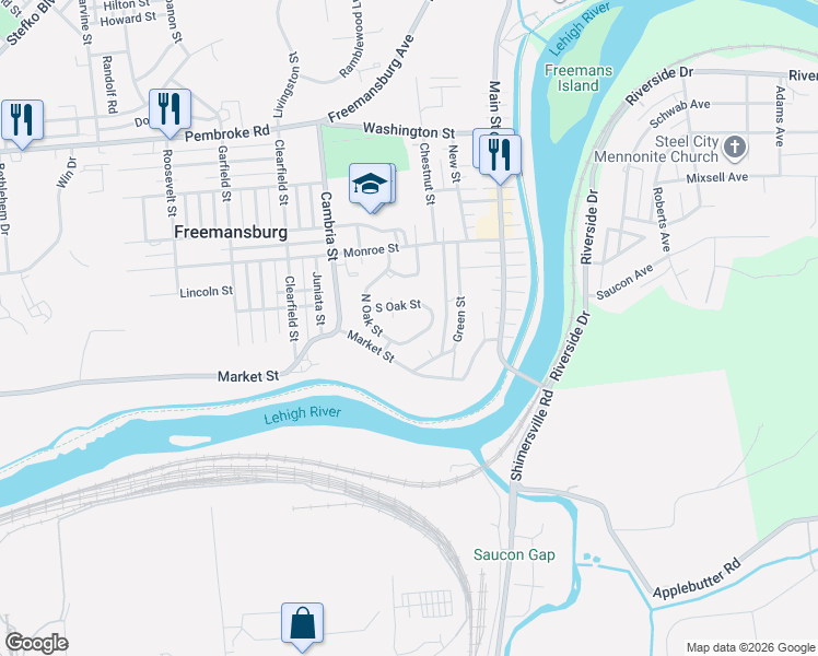 map of restaurants, bars, coffee shops, grocery stores, and more near 305 South Oak Street in Freemansburg