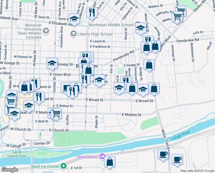 map of restaurants, bars, coffee shops, grocery stores, and more near 437 East North Street in Bethlehem