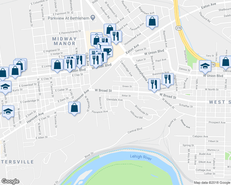 map of restaurants, bars, coffee shops, grocery stores, and more near 2111 West Broad Street in Bethlehem
