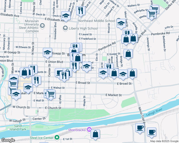 map of restaurants, bars, coffee shops, grocery stores, and more near 434 East North Street in Bethlehem