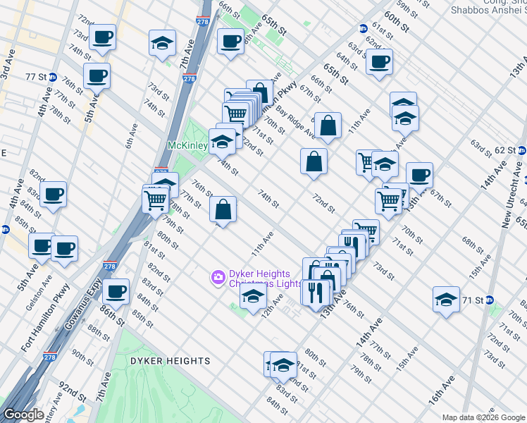 map of restaurants, bars, coffee shops, grocery stores, and more near 1049 Bay Ridge Parkway in Brooklyn