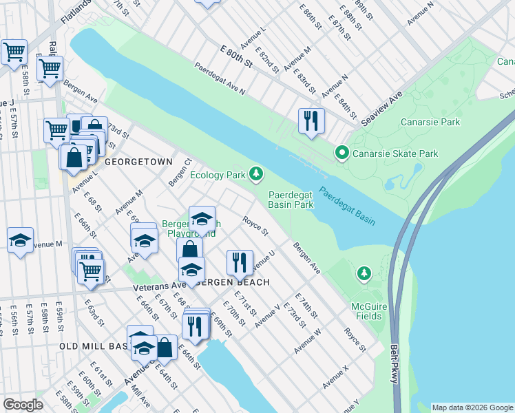 map of restaurants, bars, coffee shops, grocery stores, and more near 1501 Royce Street in Brooklyn