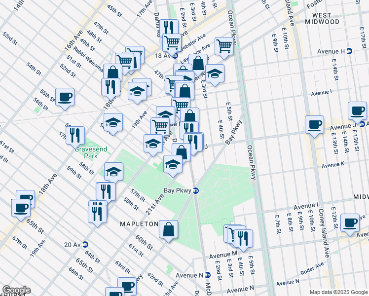 map of restaurants, bars, coffee shops, grocery stores, and more near 1235 McDonald Avenue in Brooklyn