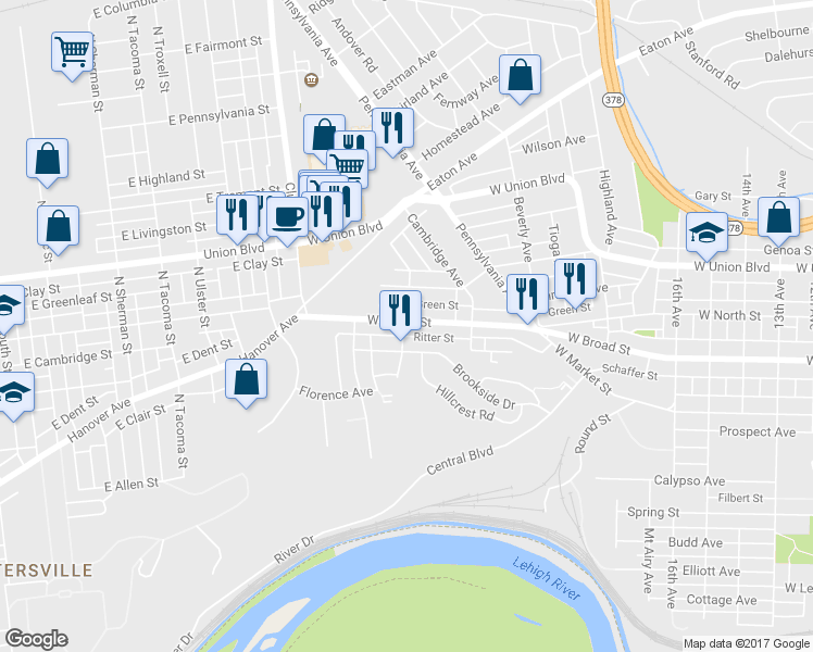 map of restaurants, bars, coffee shops, grocery stores, and more near 2069 West Broad Street in Bethlehem