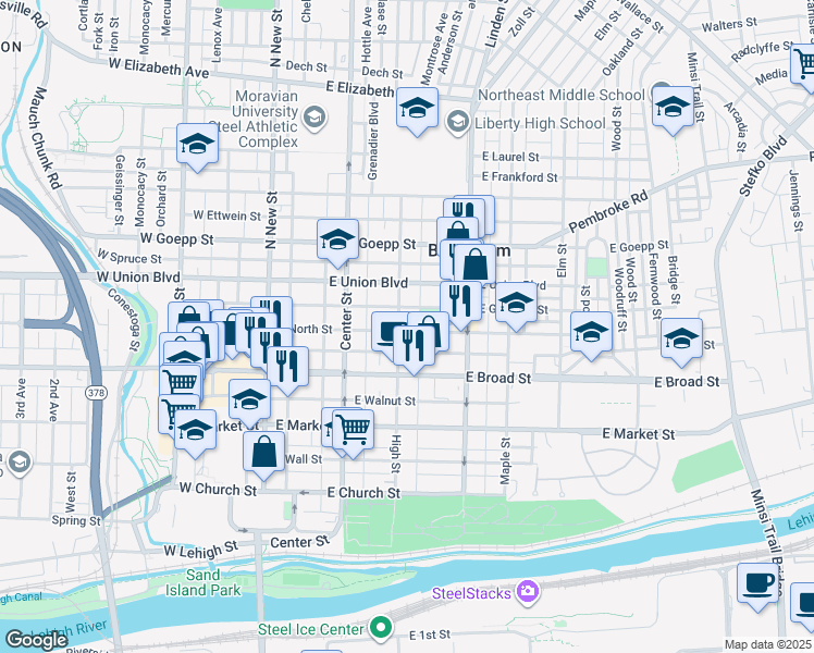 map of restaurants, bars, coffee shops, grocery stores, and more near 625 High Street in Bethlehem