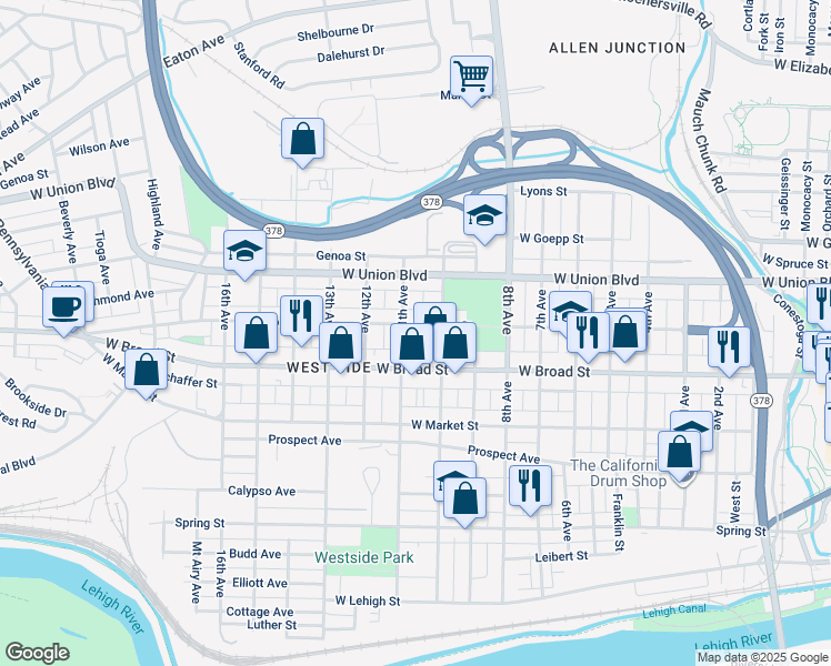 map of restaurants, bars, coffee shops, grocery stores, and more near 1134 West Broad Street in Bethlehem