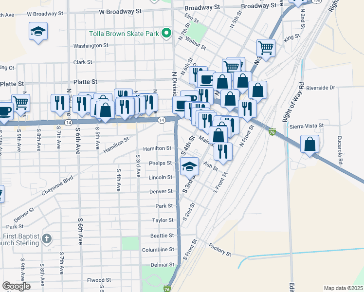 map of restaurants, bars, coffee shops, grocery stores, and more near 130 South 4th Street in Sterling