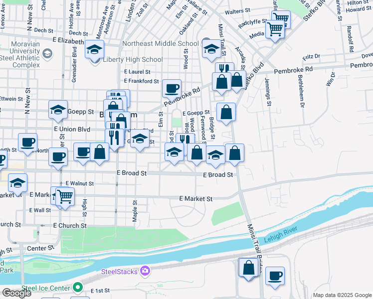 map of restaurants, bars, coffee shops, grocery stores, and more near 702 Hawthorne Road in Bethlehem