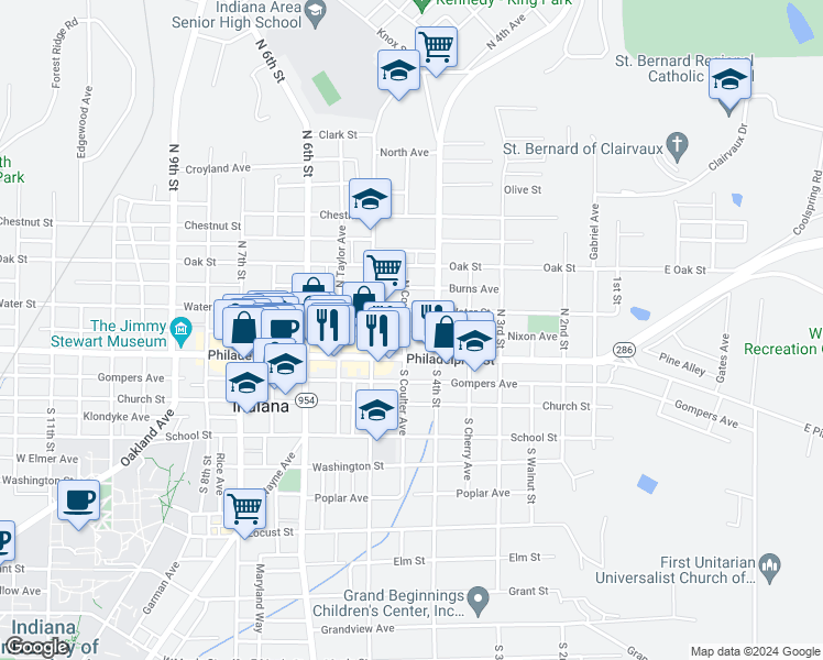map of restaurants, bars, coffee shops, grocery stores, and more near 439 Nixon Avenue in Indiana