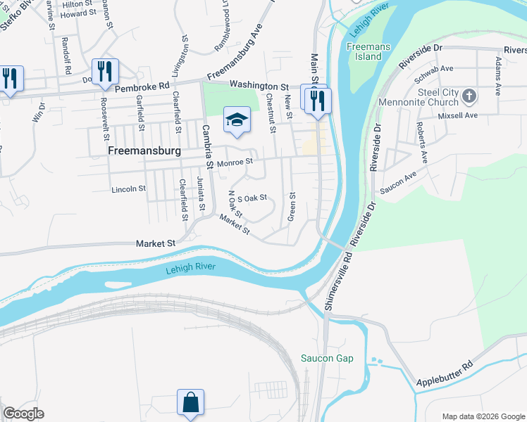 map of restaurants, bars, coffee shops, grocery stores, and more near 340 South Oak Street in Freemansburg