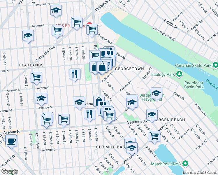 map of restaurants, bars, coffee shops, grocery stores, and more near 1244 East 68 Street in Brooklyn