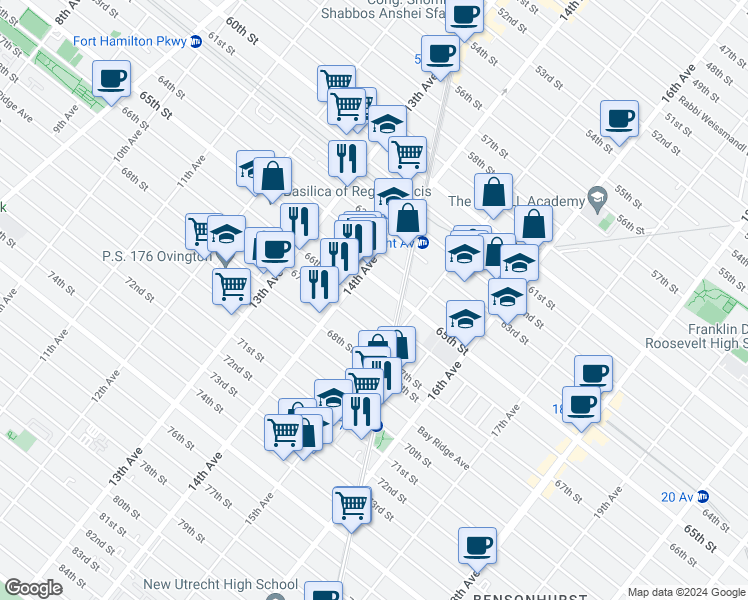 map of restaurants, bars, coffee shops, grocery stores, and more near 1433 66th Street in Brooklyn