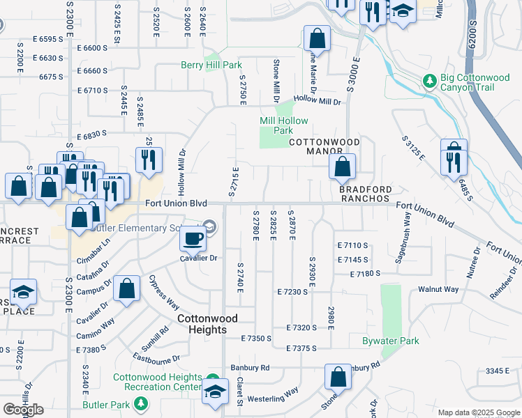 map of restaurants, bars, coffee shops, grocery stores, and more near 7059 South 2780 East in Cottonwood Heights