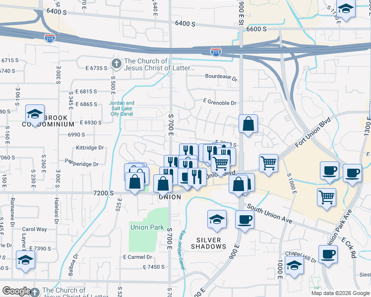 map of restaurants, bars, coffee shops, grocery stores, and more near 720 East Gables Street in Midvale