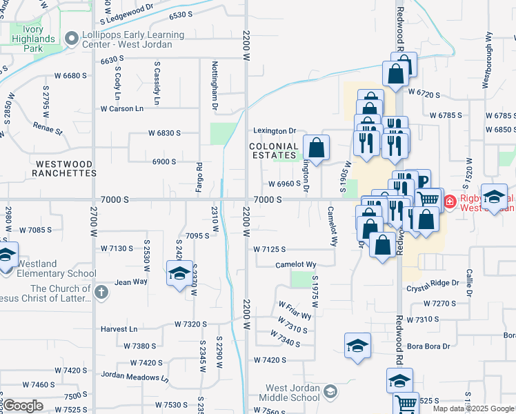 map of restaurants, bars, coffee shops, grocery stores, and more near 7063 2200 West in West Jordan