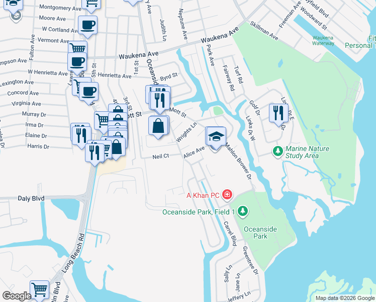 map of restaurants, bars, coffee shops, grocery stores, and more near 3627 Oceanside Road East in Oceanside