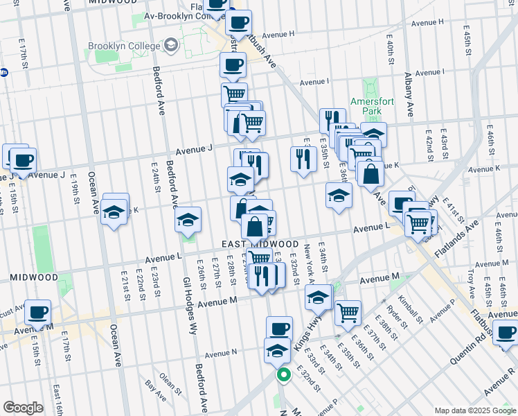 map of restaurants, bars, coffee shops, grocery stores, and more near 1156 East 31st Street in Brooklyn