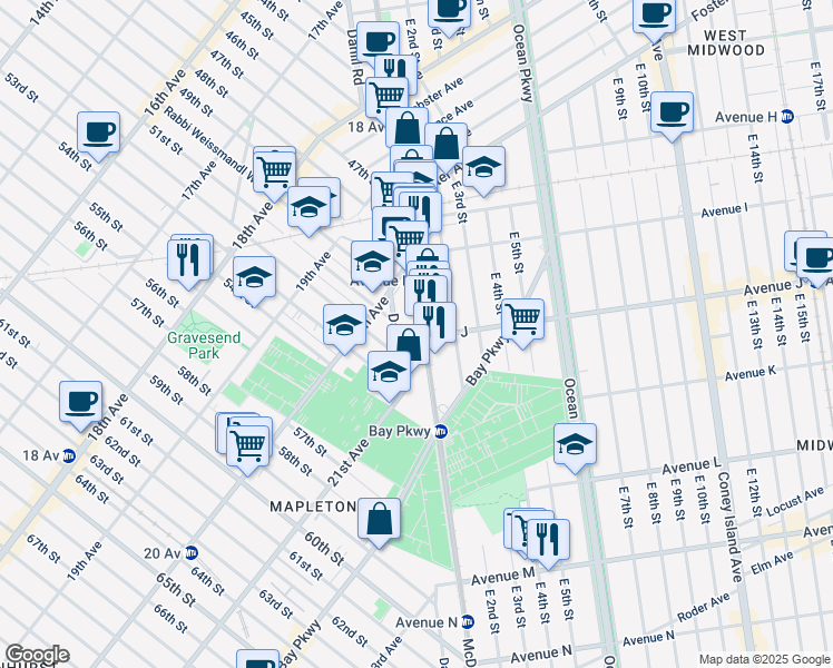 map of restaurants, bars, coffee shops, grocery stores, and more near 1235 McDonald Avenue in Brooklyn