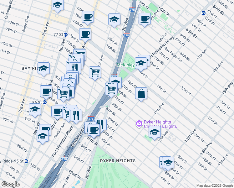 map of restaurants, bars, coffee shops, grocery stores, and more near 7919 7th Avenue in Brooklyn