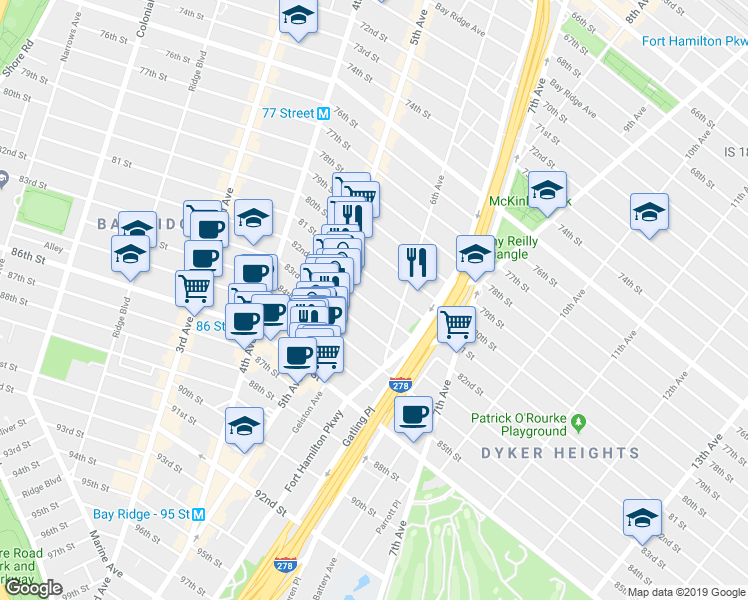 map of restaurants, bars, coffee shops, grocery stores, and more near 551 83rd Street in Brooklyn